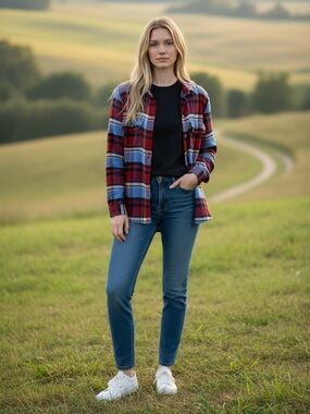 NWOT American Eagle Soft Flannel Button Down in Red Blue Plaid Size Small